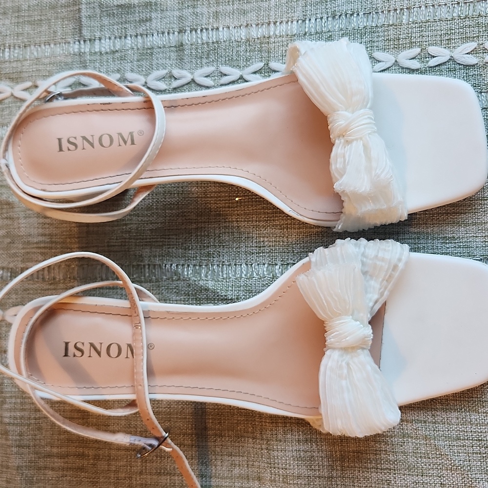 White Bow Knot Chunky Block Heeled Ankle Sandals, Open Toe, 10 - Picture 6 of 16